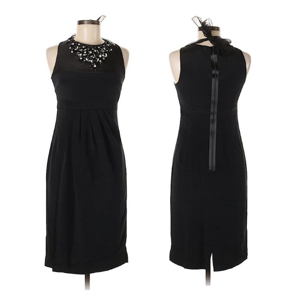 Magaschoni Beaded Flower Mesh Neck Sleeveless Pleated Waist A-Line Dress Size 4
